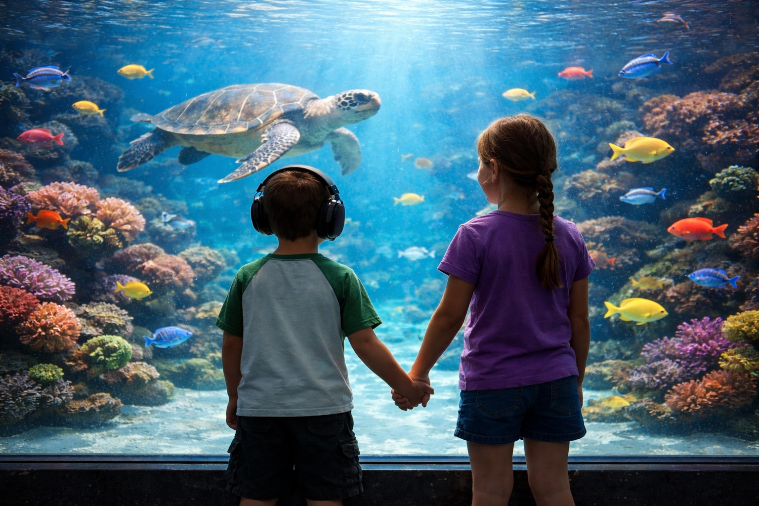 Children enjoying a sensory-friendly experience at an aquarium, representing inclusive fun for special needs families