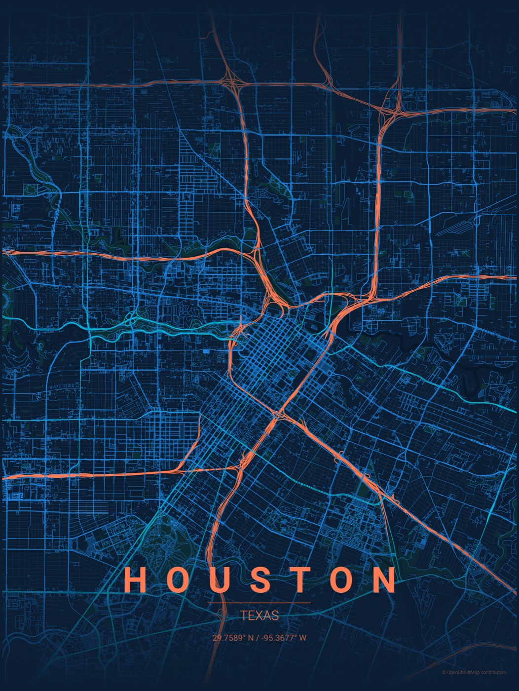 Illustrated map poster of Houston, Texas — the metro area Fundamentally Awesome serves